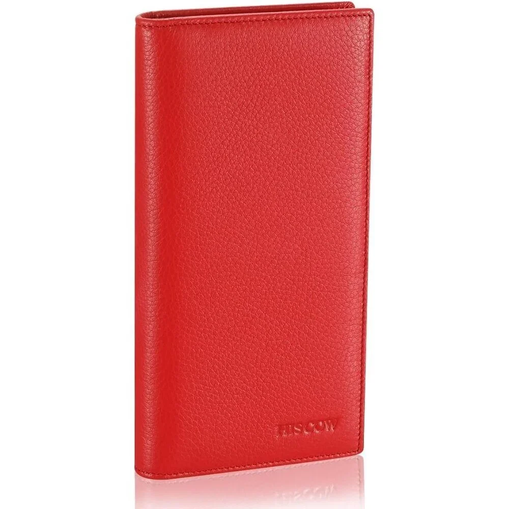Men's Dark Red Full Grain Leather Long Bifold Wallet Credit Card Slots Style